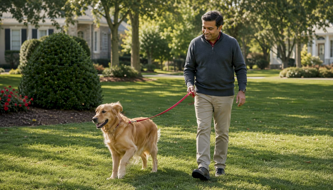 Man walking dog in North Howell residential street