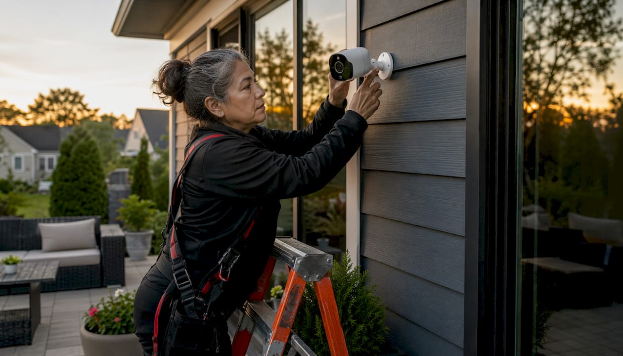 Security technician installing camera on Howell home