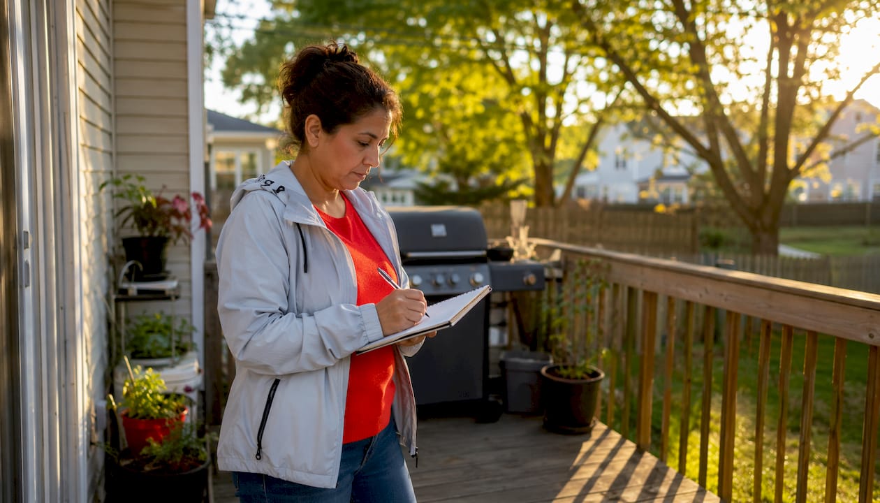 Homeowner inspecting backyard for camera placement