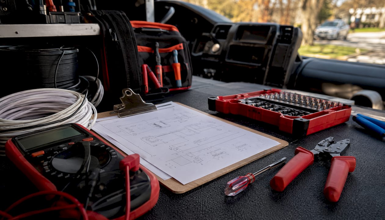 Installation tools and equipment layout inside technician van