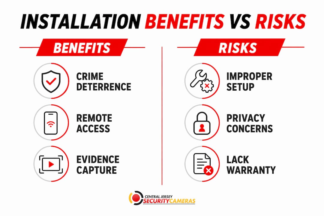 Infographic comparing benefits and risks of camera installation