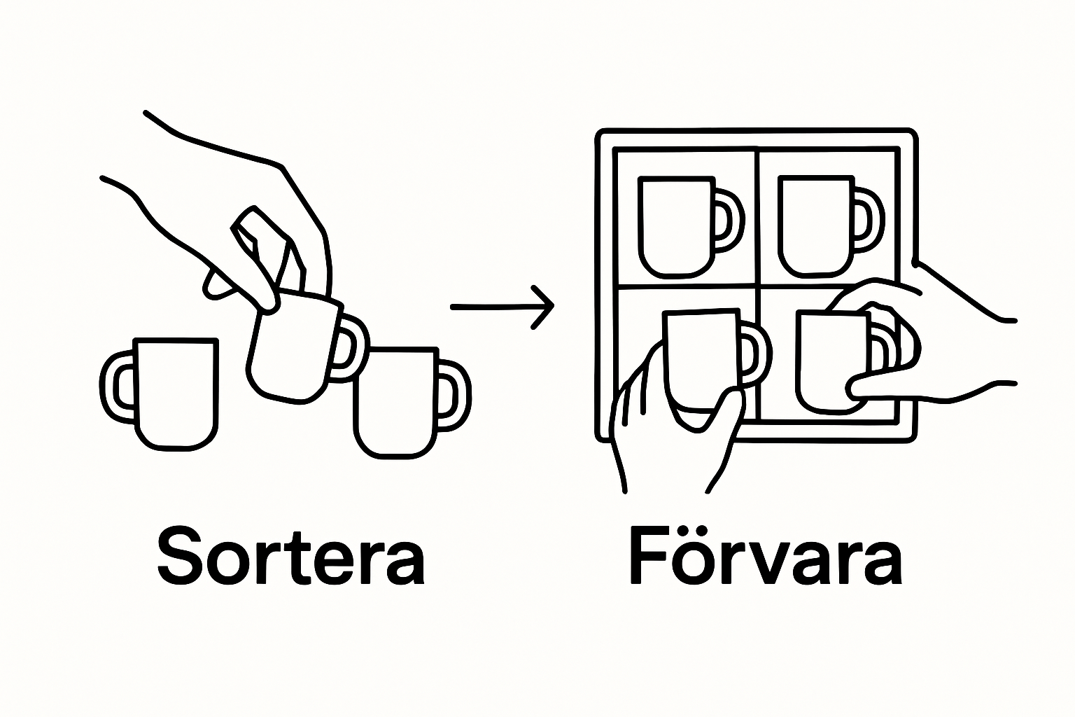 Infographic With Two-Step Mug Sorting And Storing Process Using Icons And Arrows