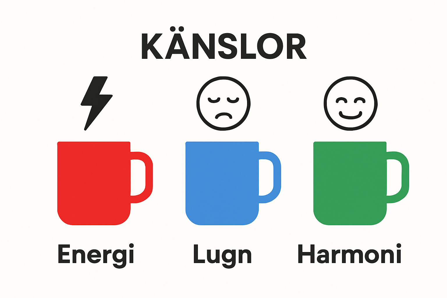 Infografik med röd, blå, grön mugg och känsloikoner