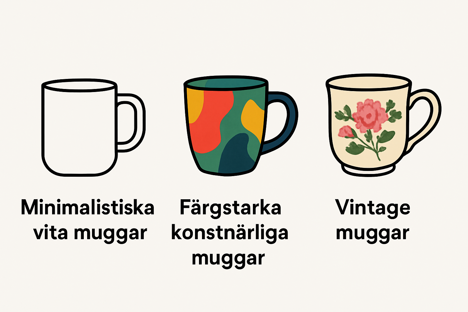 Three Visually Distinct Mug Styles: Minimalist, Artistic, And Vintage