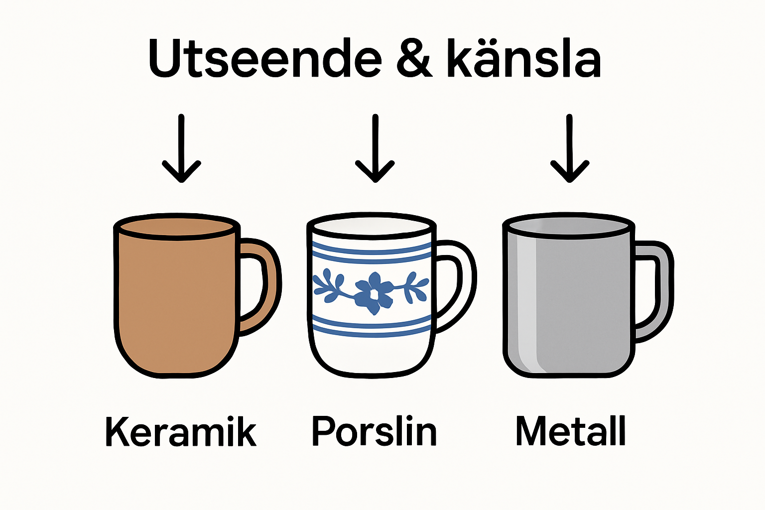 Enkel jämförelse mellan keramik-, porslin- och metallmuggar