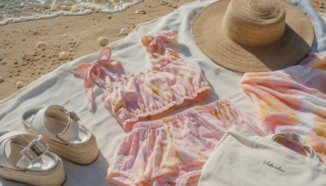 Flat lay of summer travel outfit accessories