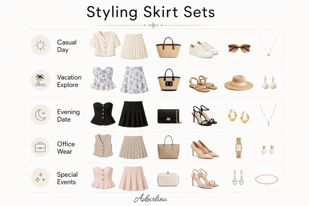 Infographic showing skirt set styling tips
