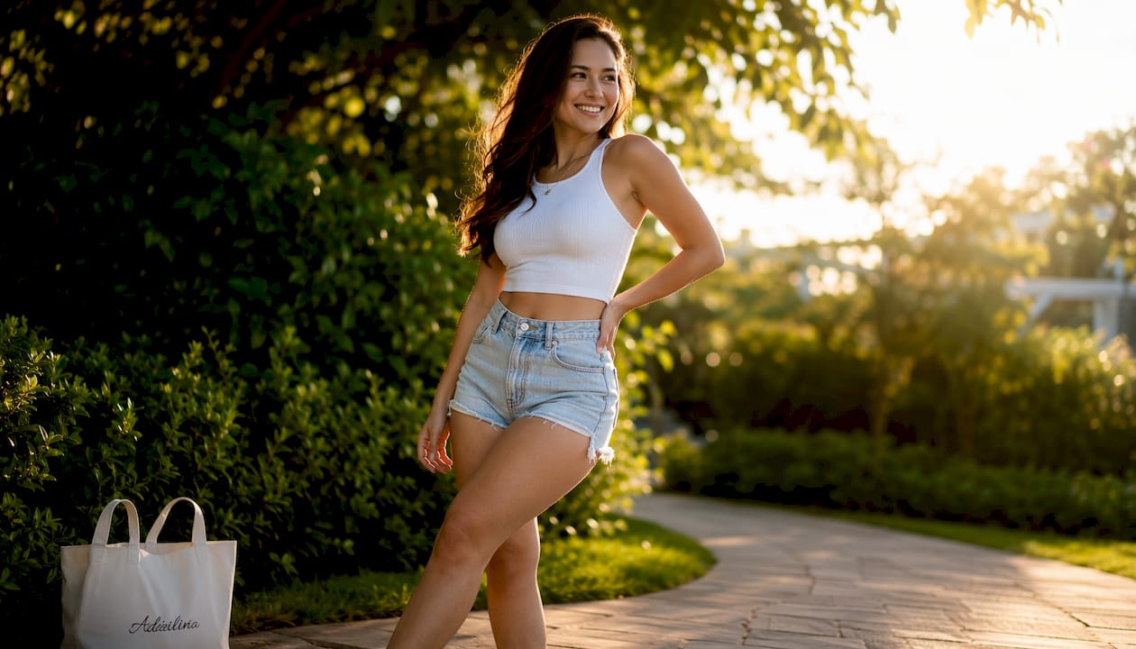 Model in white crop top and denim shorts