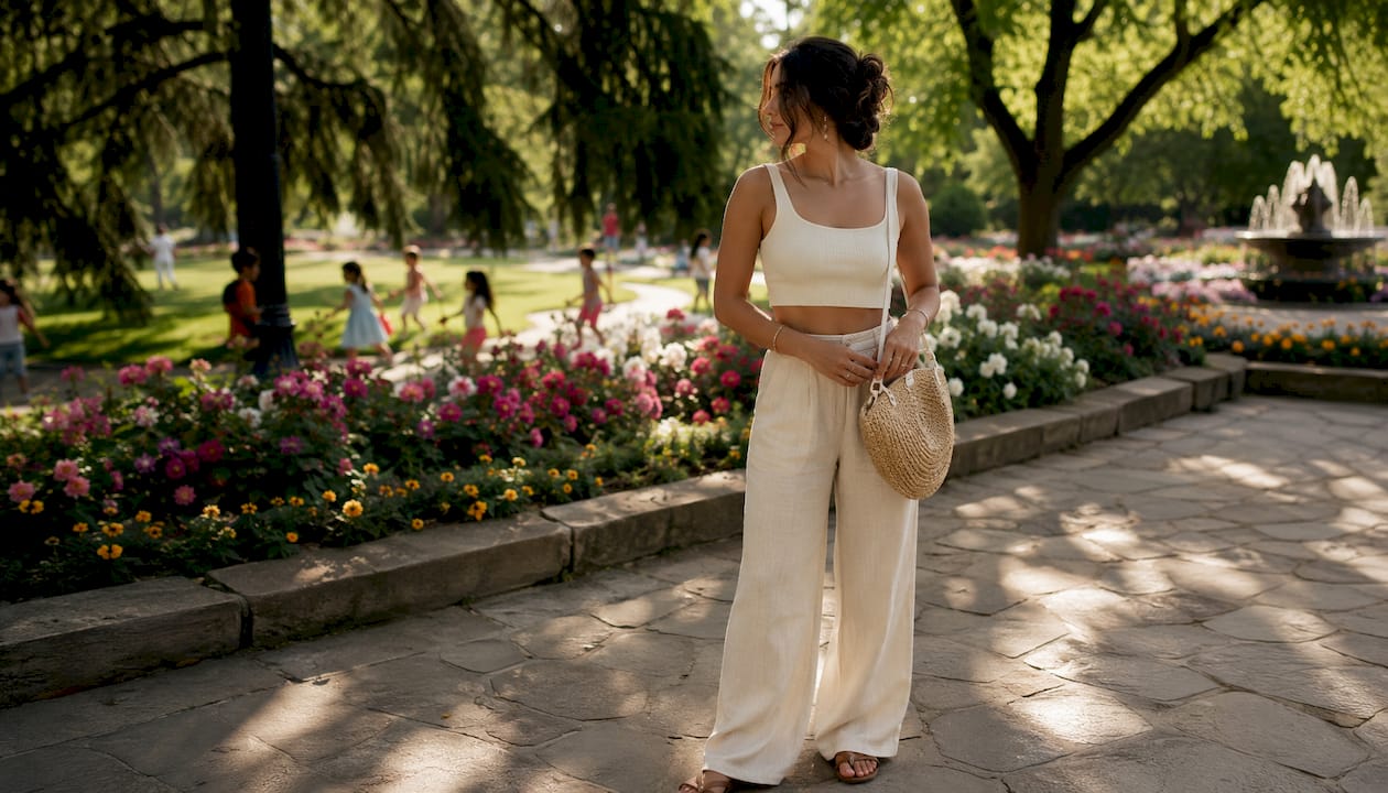 Woman in crop top and linen trousers outdoors