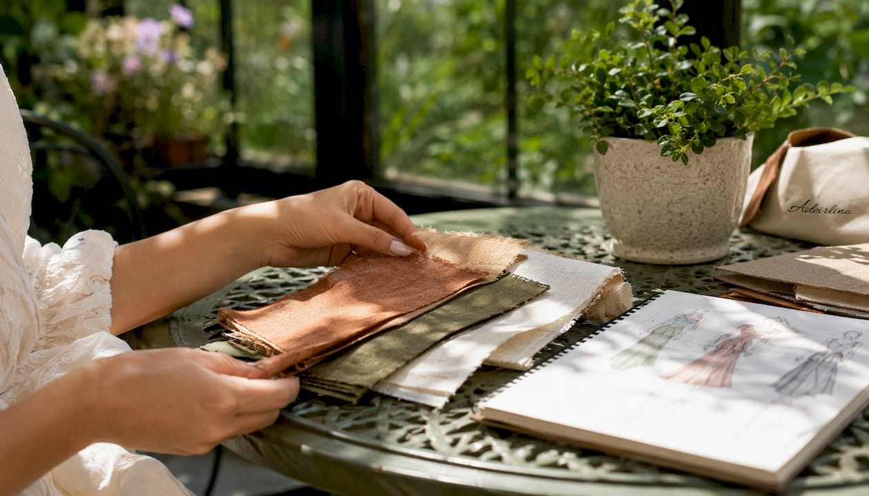 Hands selecting natural fabric swatches for summer clothes
