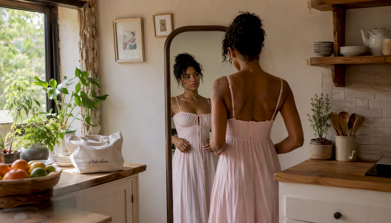 Woman trying on pastel cotton midi summer dress