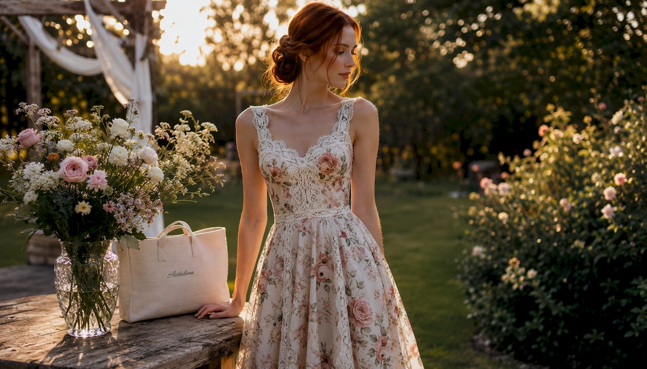 Woman in floral vintage garden dress outdoors