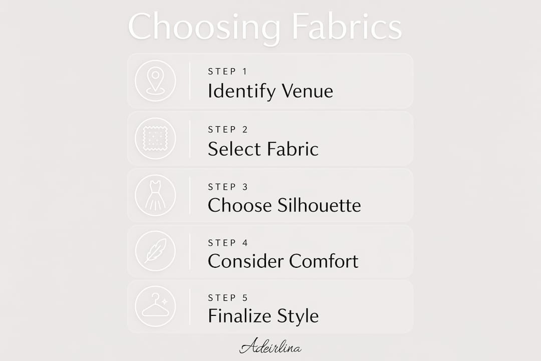 Infographic illustrating fabric selection steps for summer wedding dresses