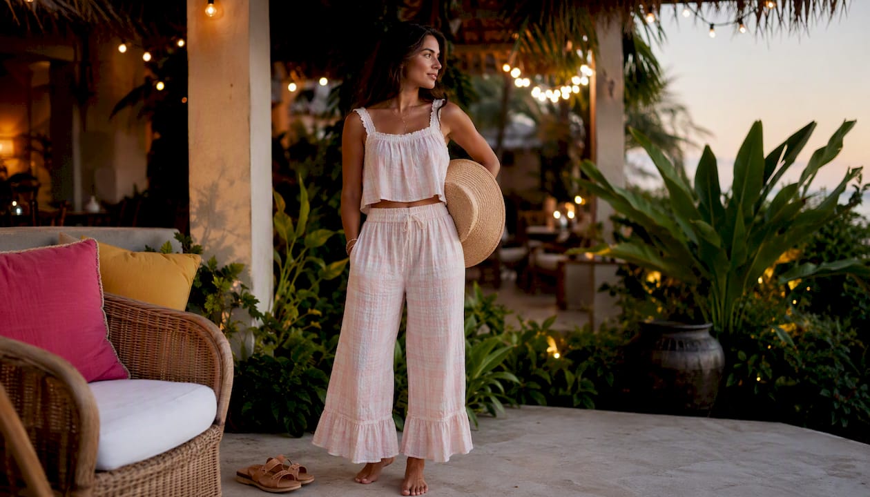 Woman in white linen outfit on beach balcony