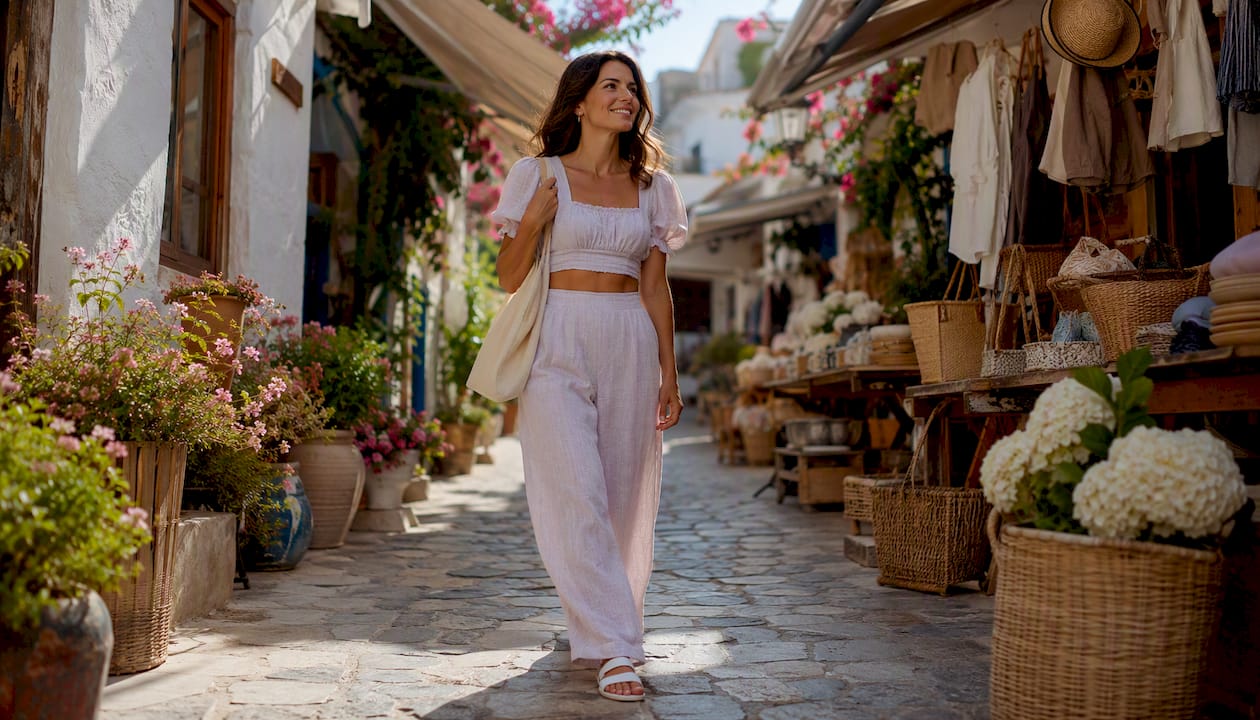 Woman sightseeing in pastel matching set