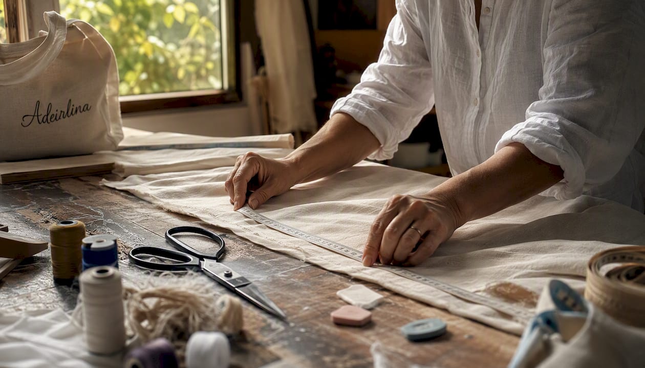 Hands cutting natural linen fabric in workshop