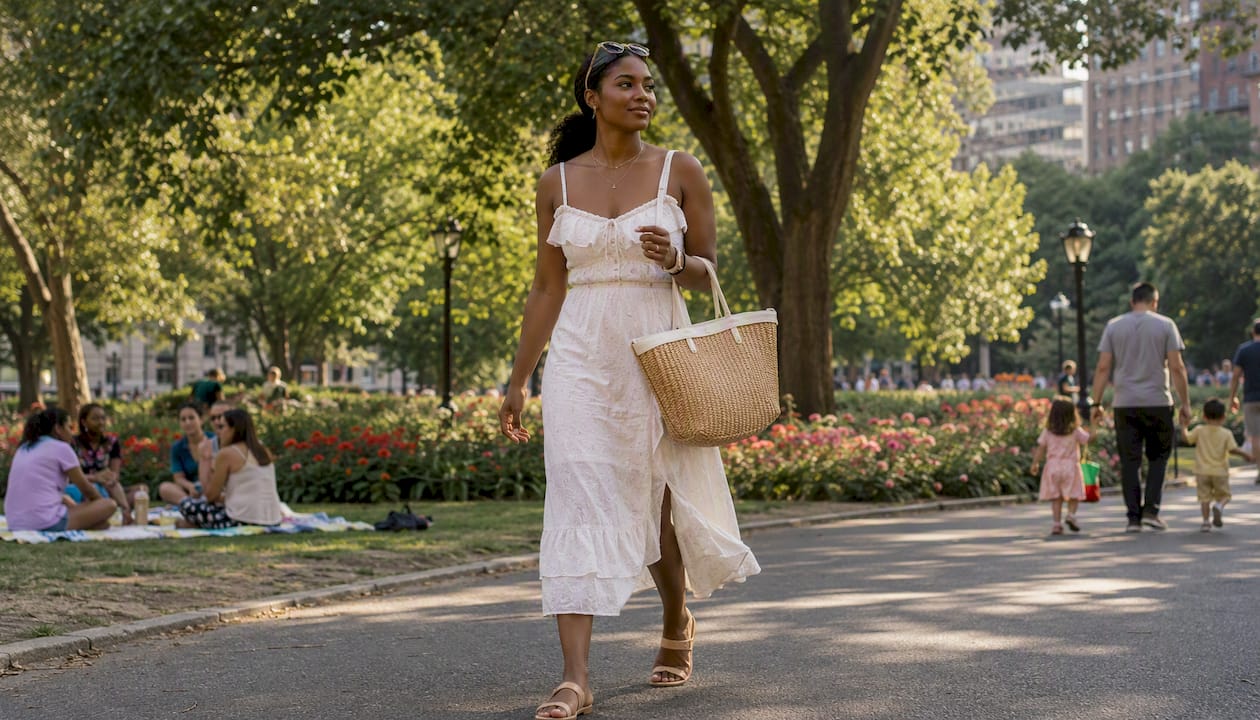 Woman in cotton matching set walking NYC street