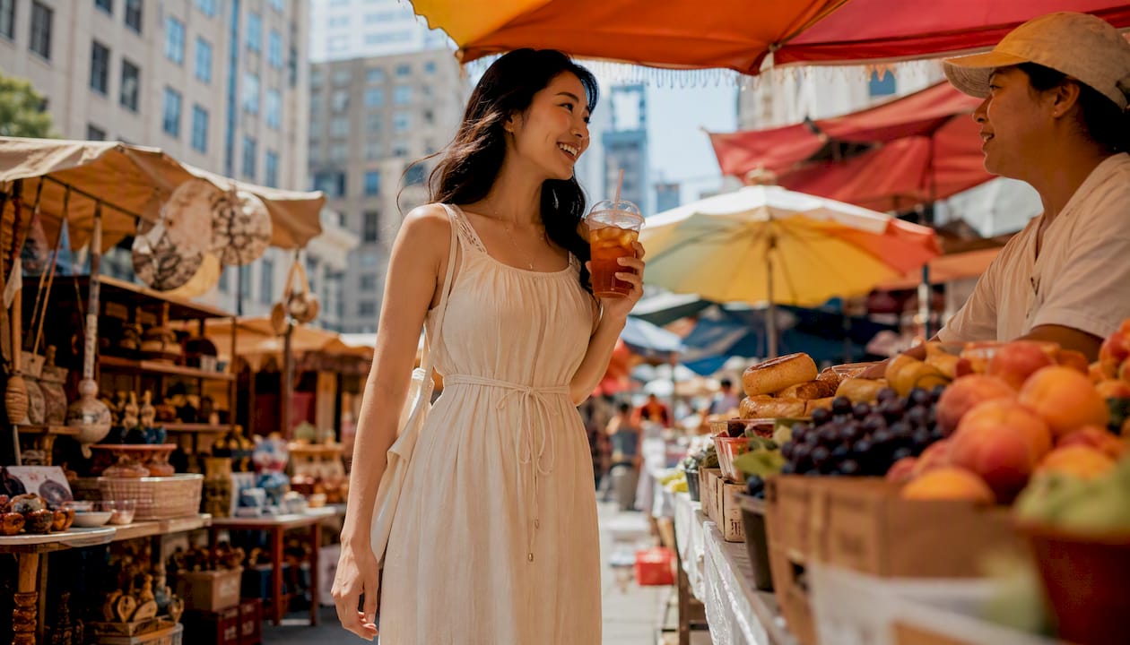 Woman in linen midi dress at rooftop bar