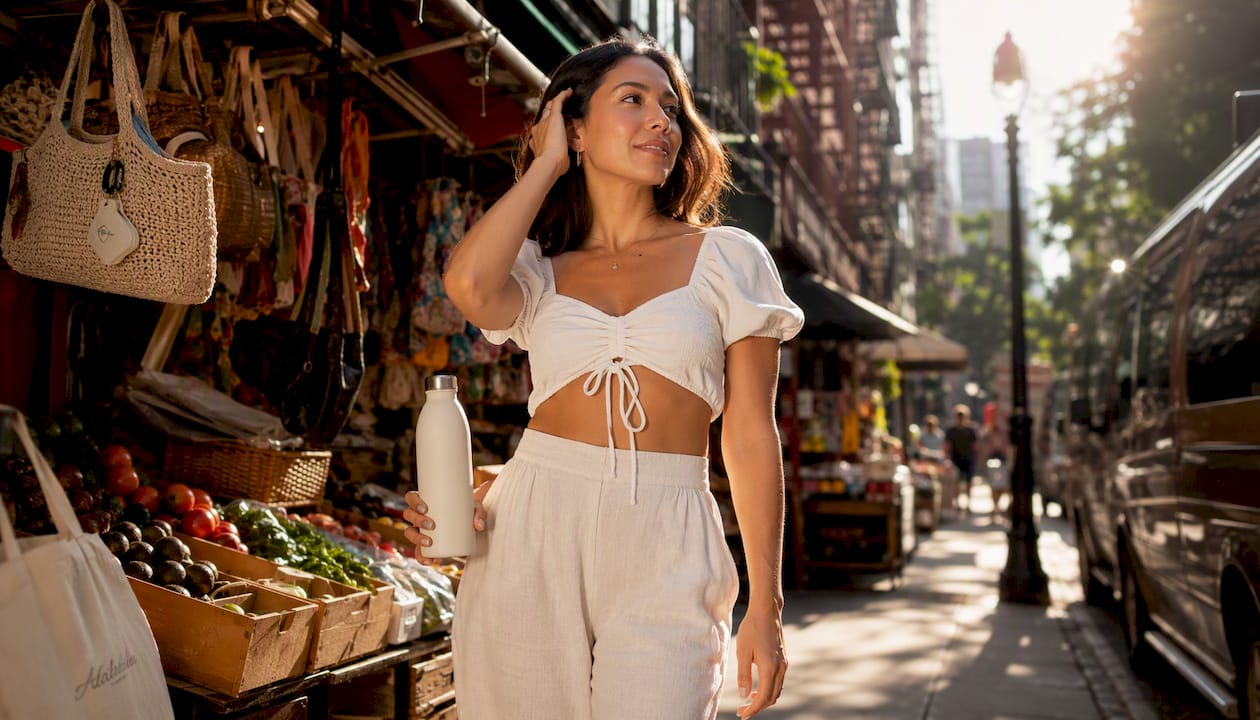 Woman in crop top and linen trousers NYC street