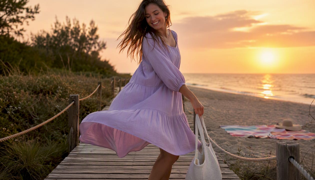 Woman in cotton midi dress outdoors in sunlight