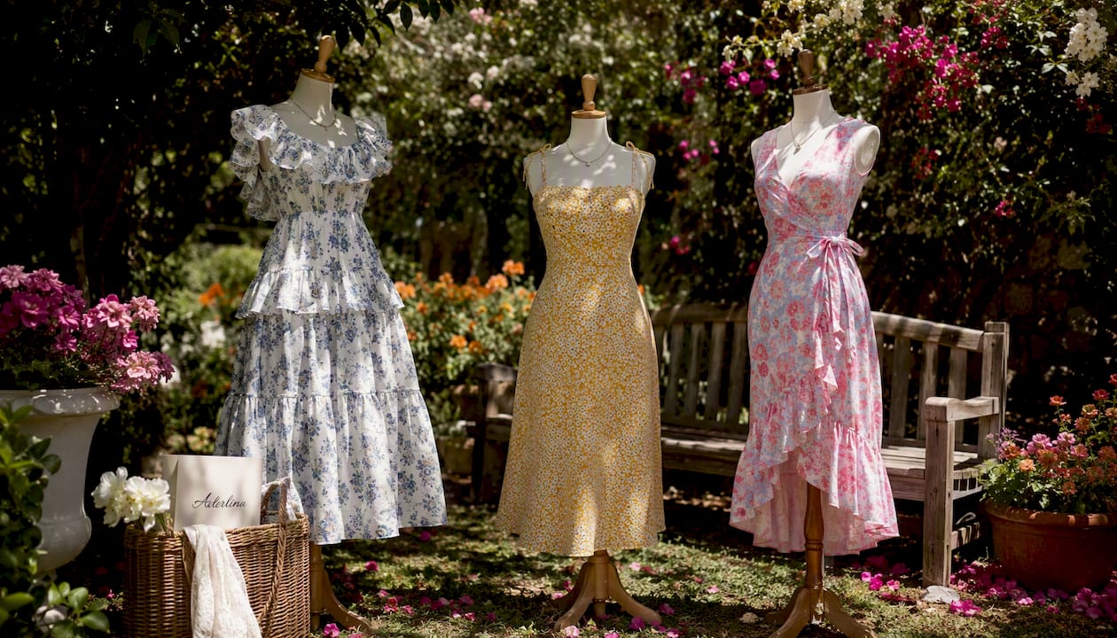 Three mannequins with varied cotton midi dress styles