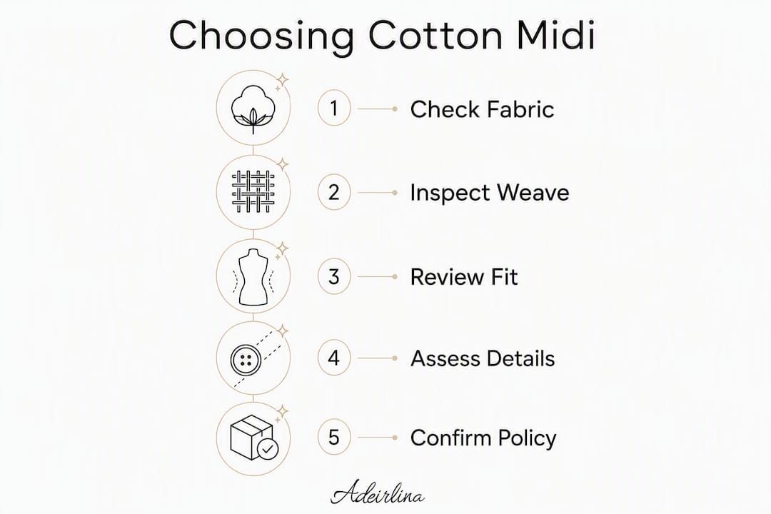 Infographic showing steps to choose cotton midi dress