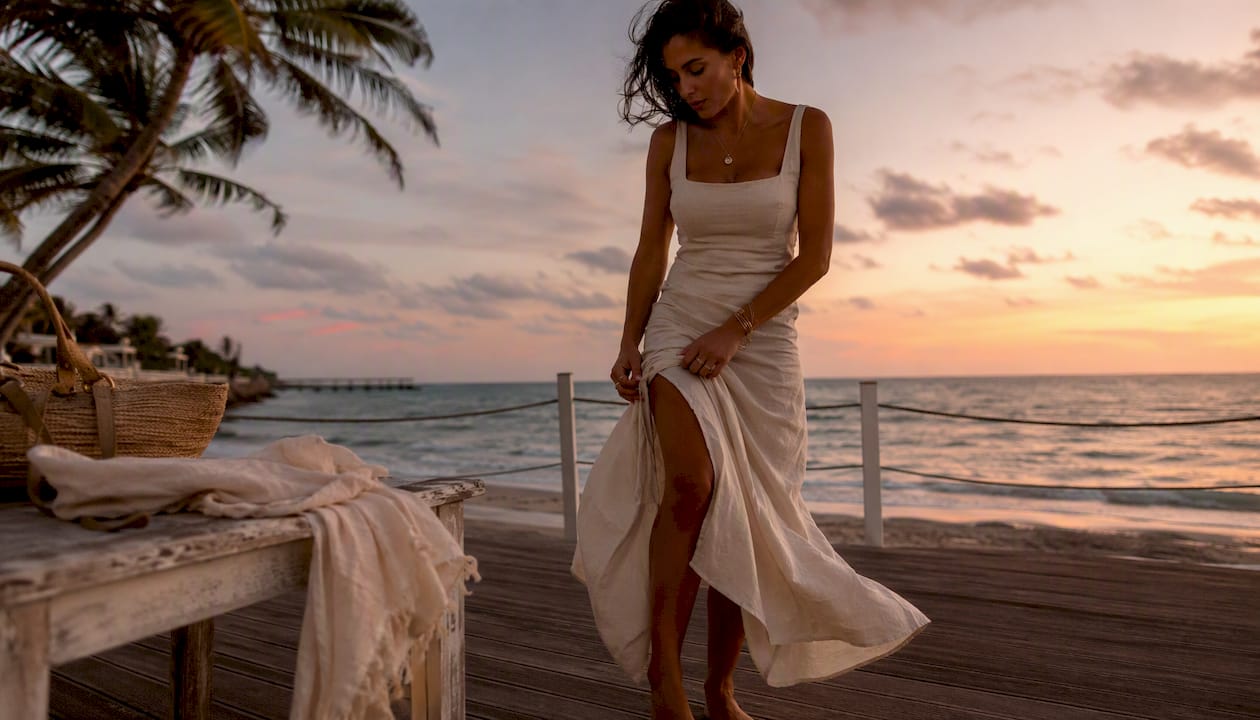 Woman adjusting linen maxi dress side slit at sunset