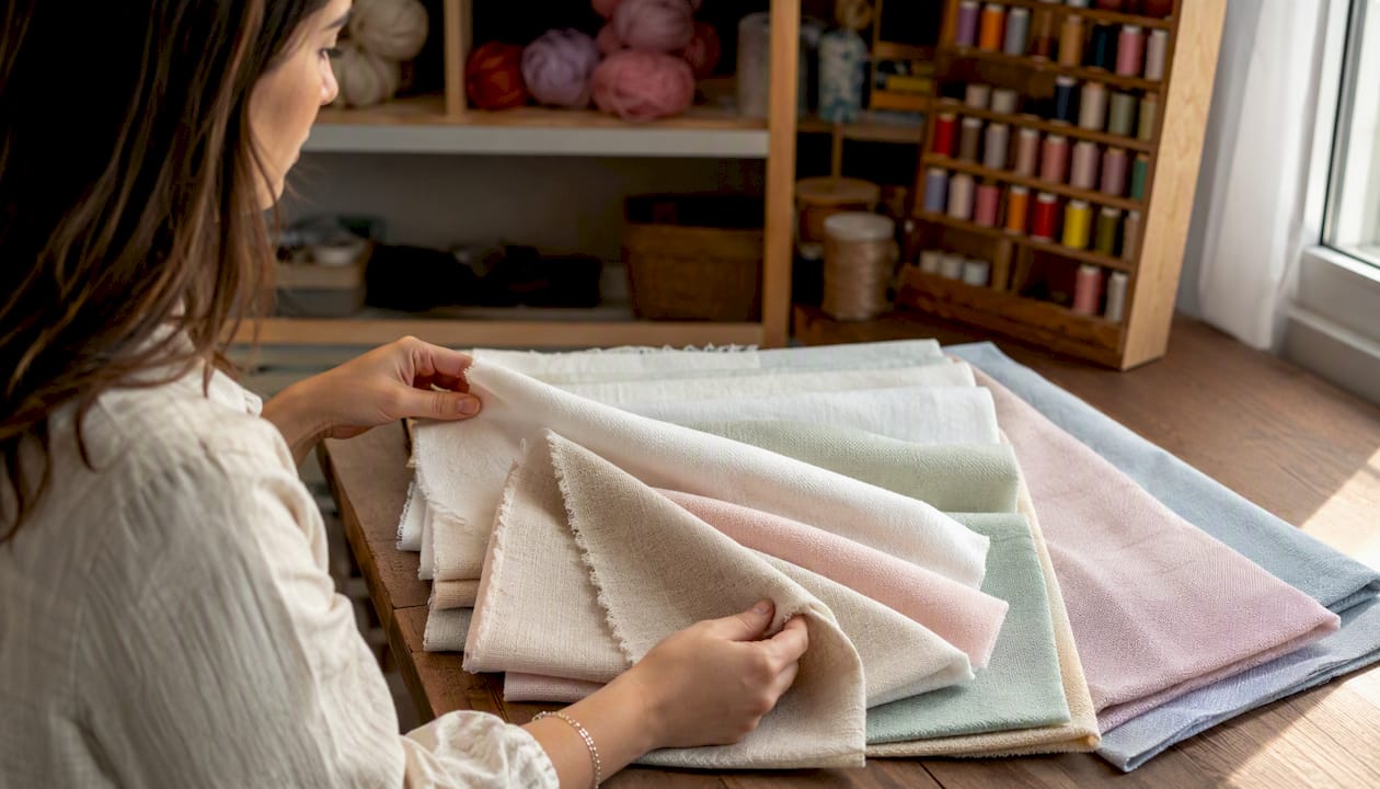 Hands touching summer fabric swatches