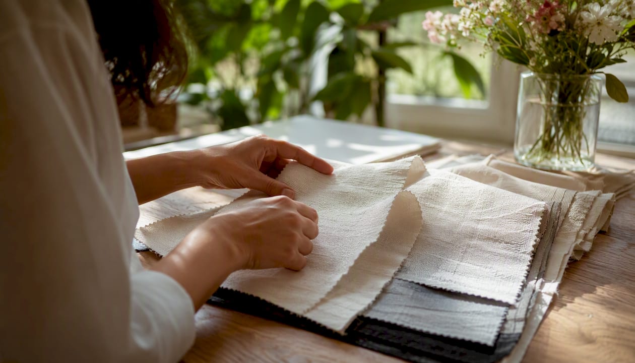 Hands touching summer office fabrics