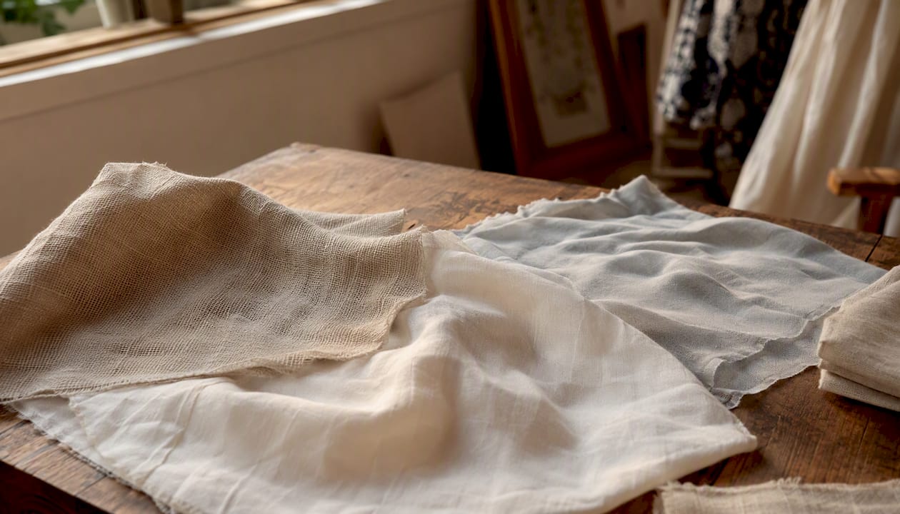 Close-up of linen, cotton, and Tencel fabric textures