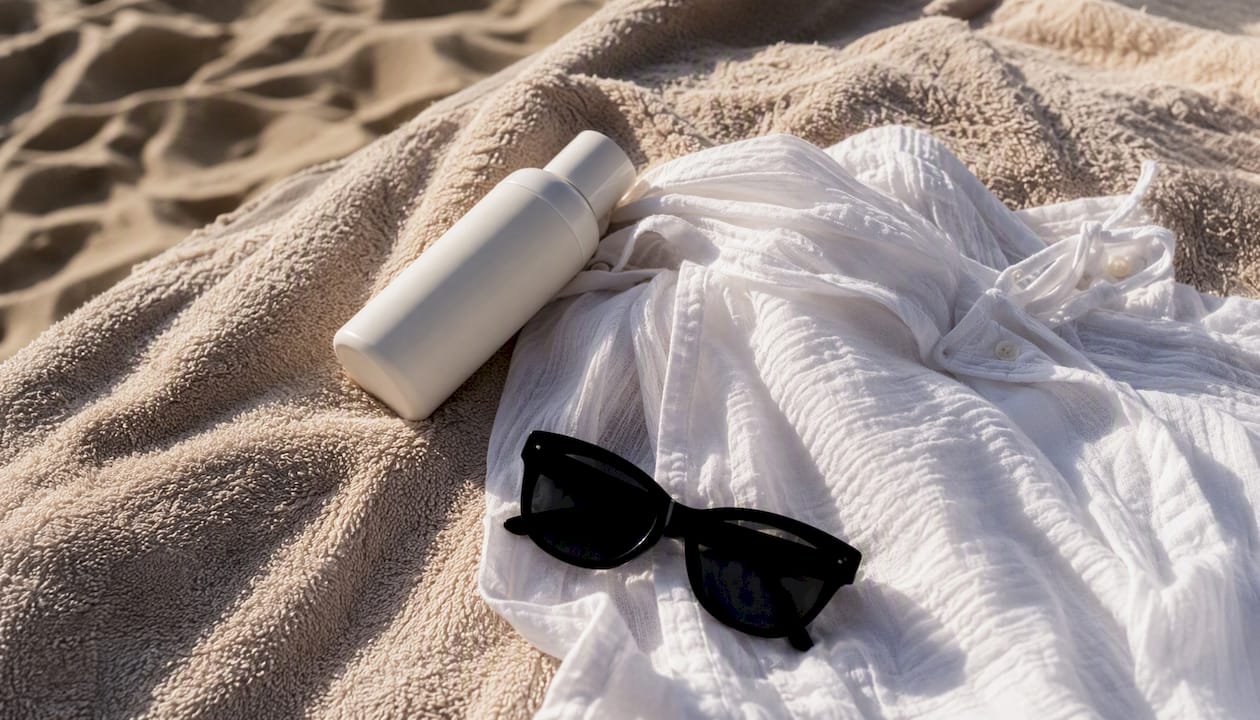 Sunscreen, scarf, and flip-flops outdoors on bench