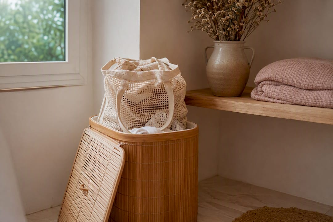 Mesh laundry bag on cotton hamper indoors