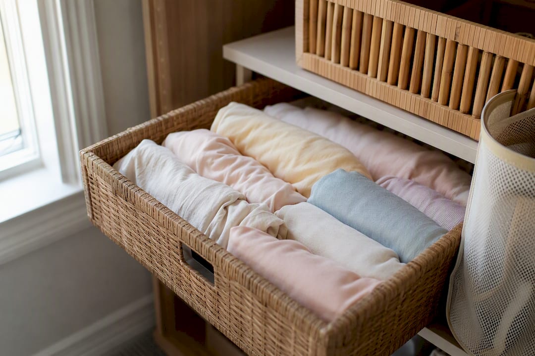 Loosely rolled cotton clothes in airy drawer