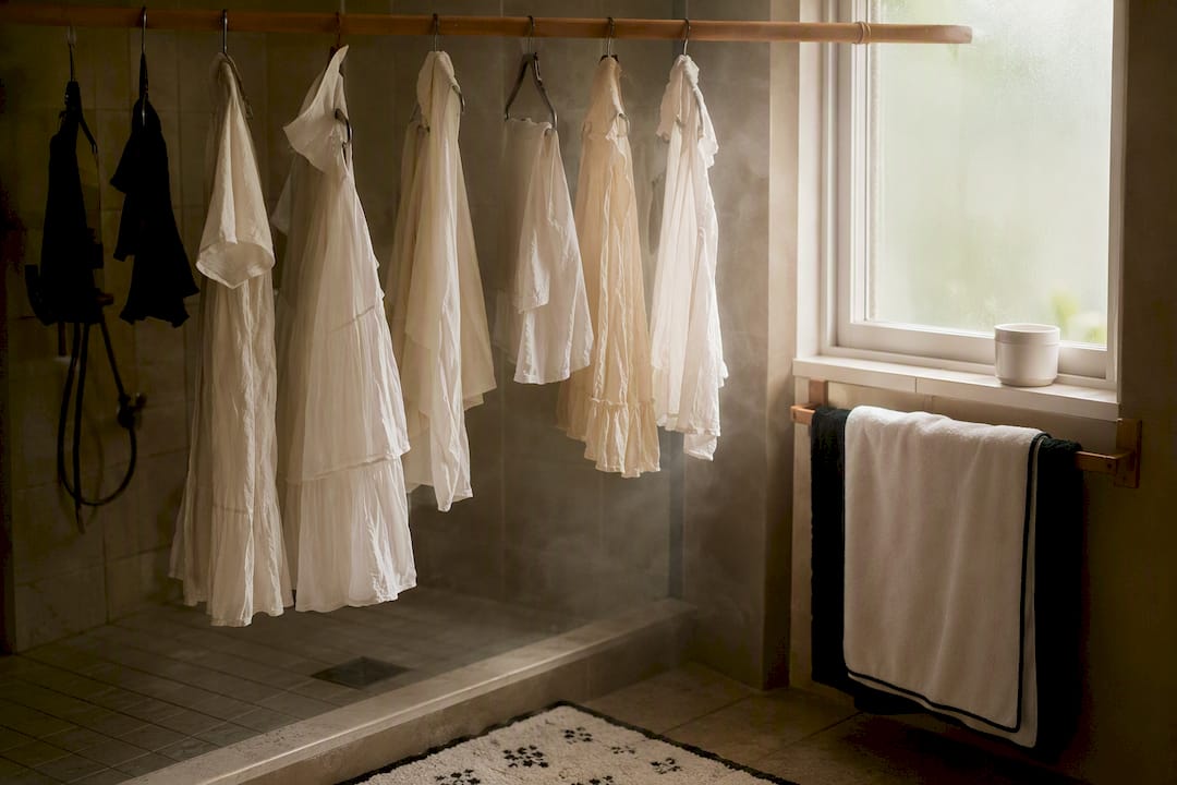 Cotton clothes hanging in steamy bathroom