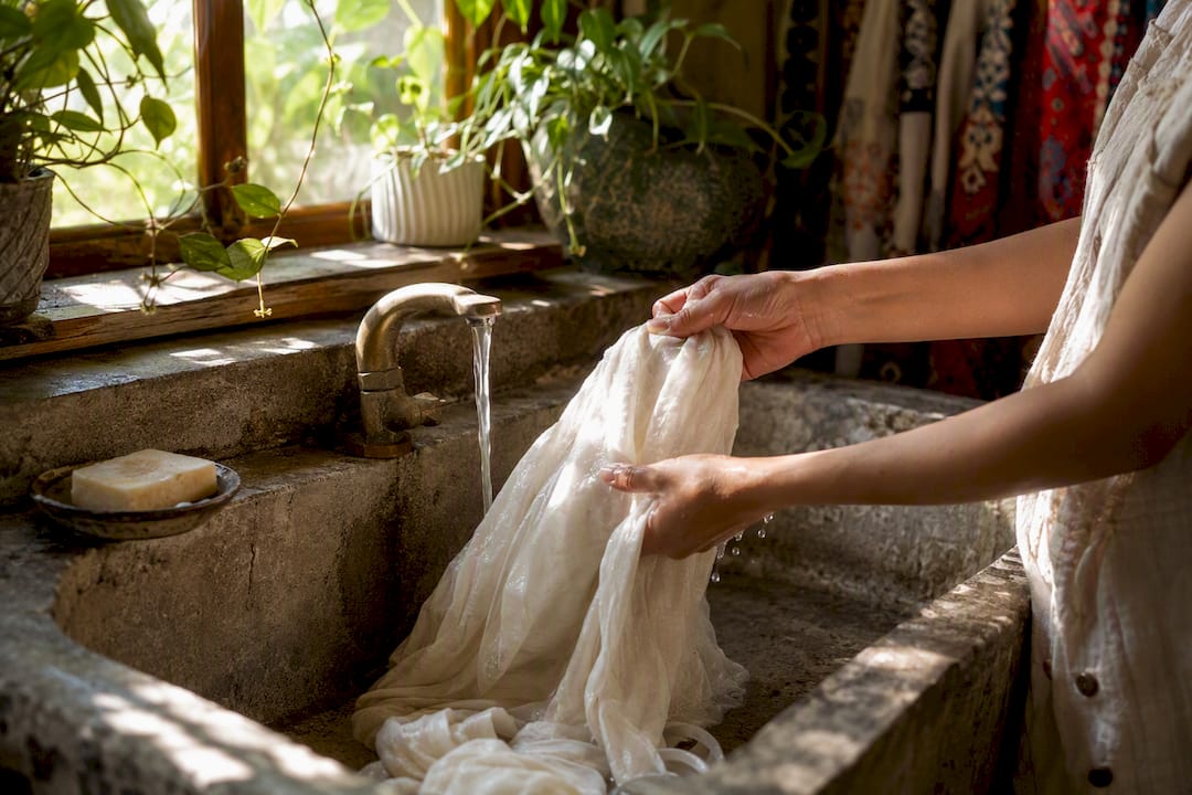 Hands rinsing cotton fabric in laundry sink