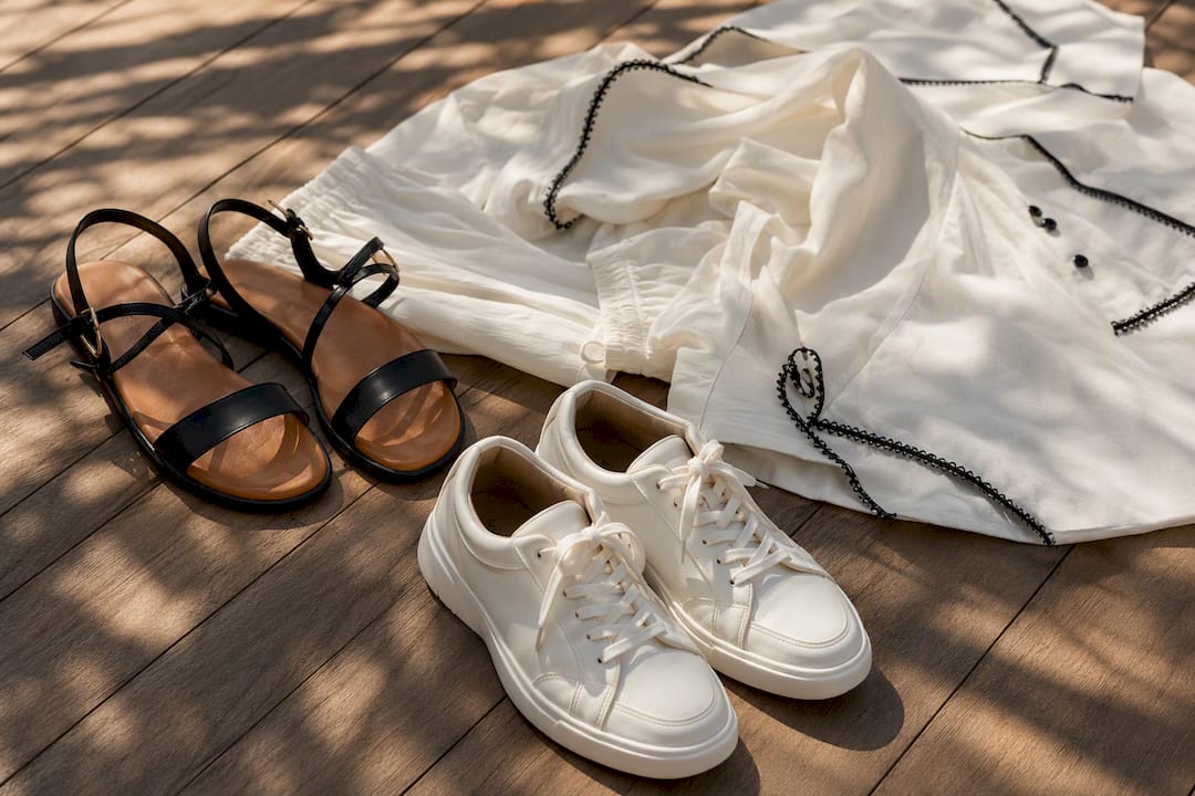 Leather sandals and sneakers with white outfit