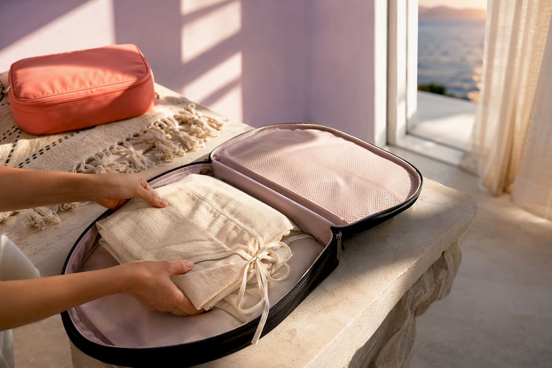 Hands folding cotton set into travel case