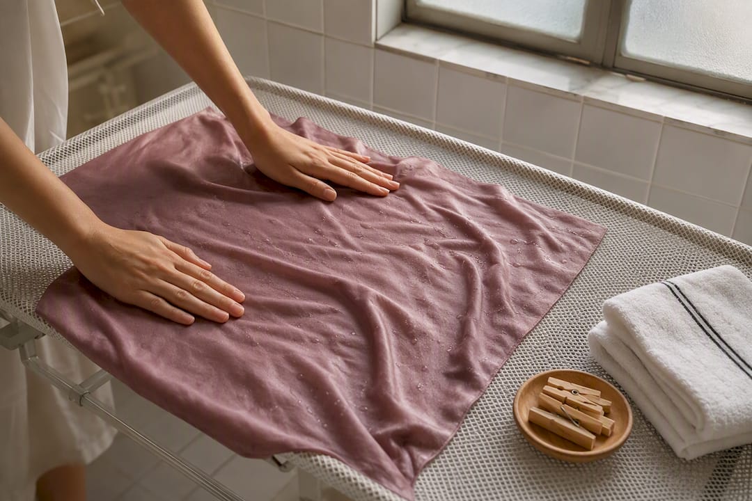 Hands reshaping damp viscose fabric