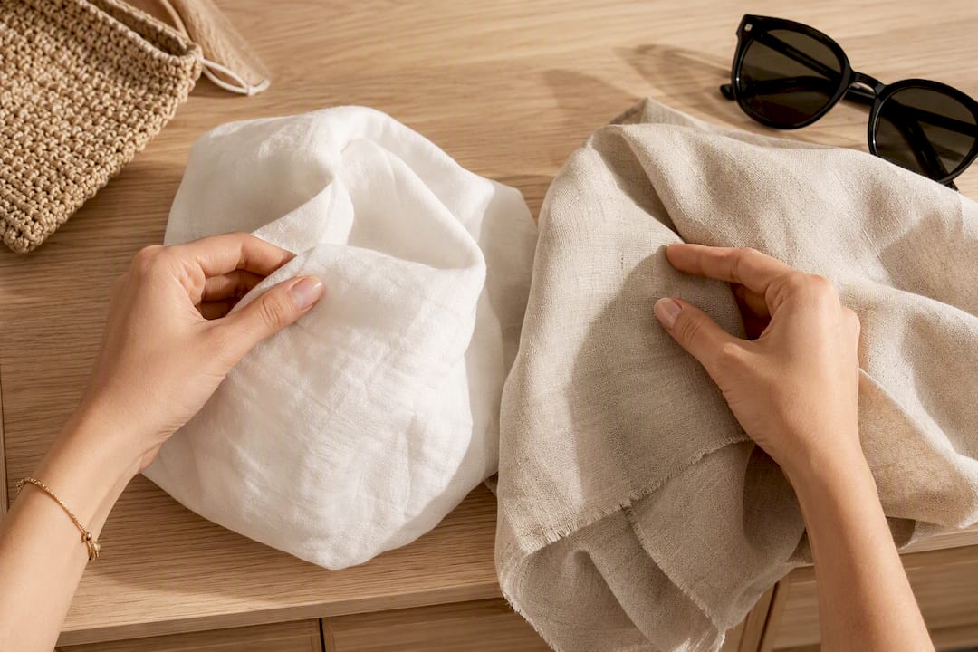 Hands comparing cotton and linen fabrics