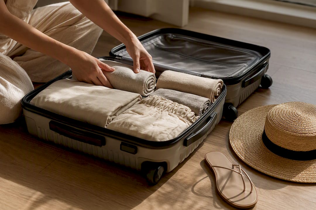 Hands rolling cotton and linen for travel