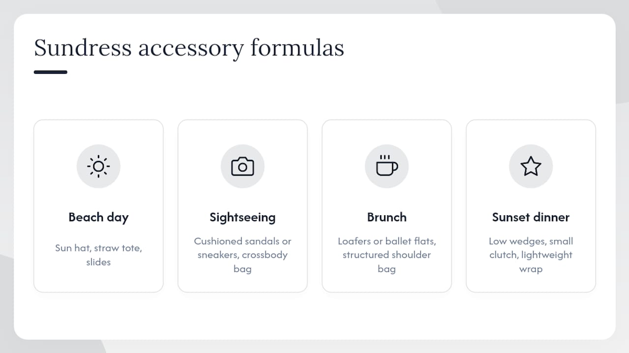 Four sundress accessory formulas by occasion