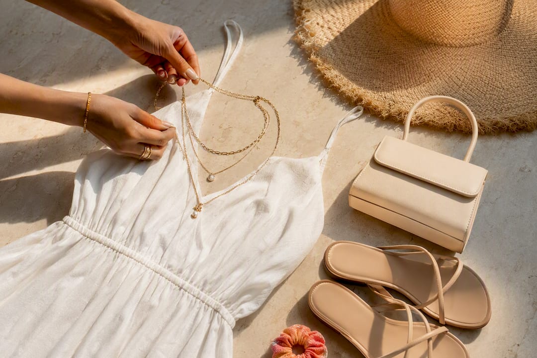 Accessories arranged around a cotton sundress