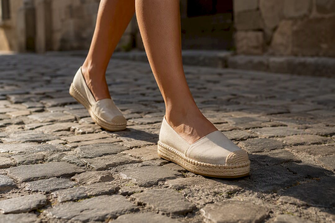 Sturdy flat footwear crossing cobblestones