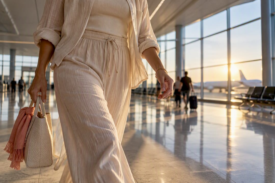 Traveler moving through a bright summer airport