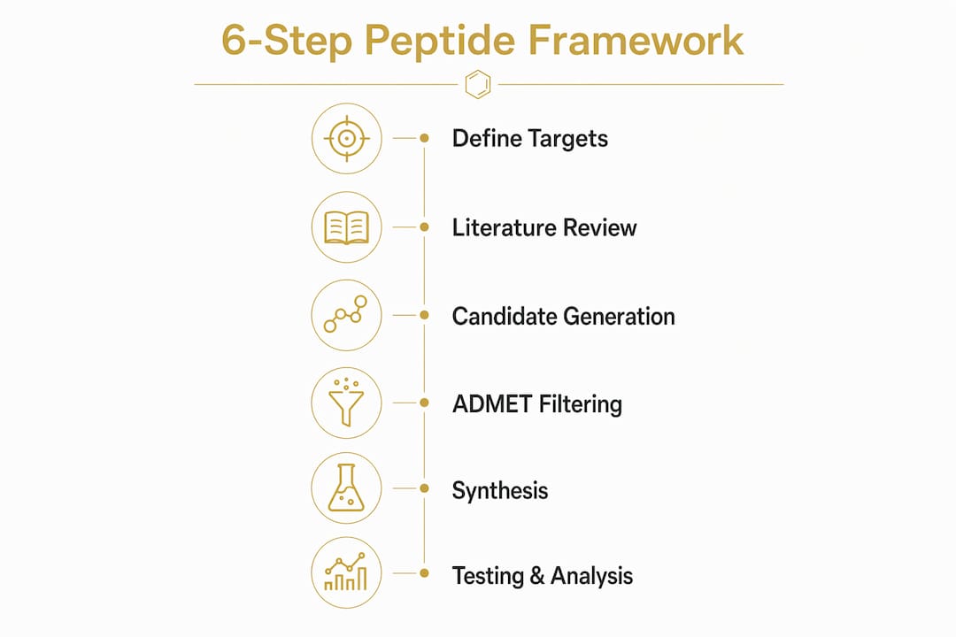 Infographic illustrating 6-step peptide selection framework