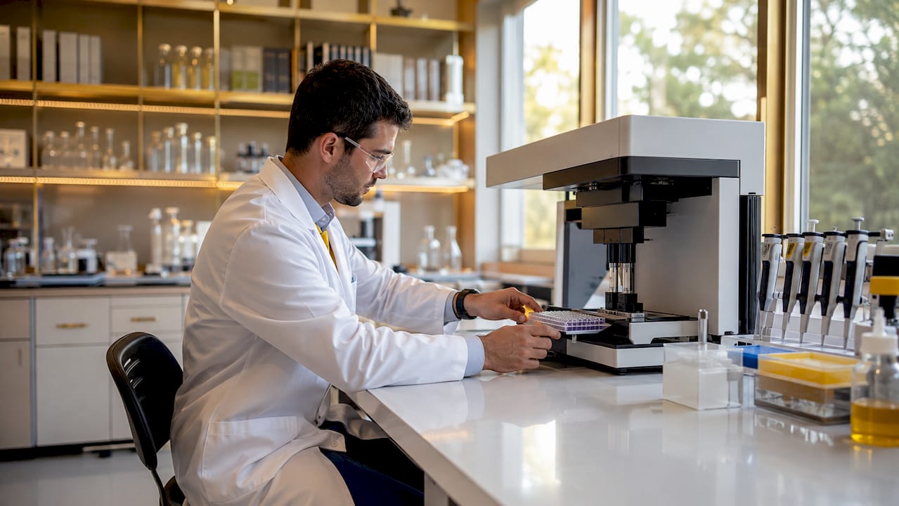 Hands setting peptide assay plate in lab