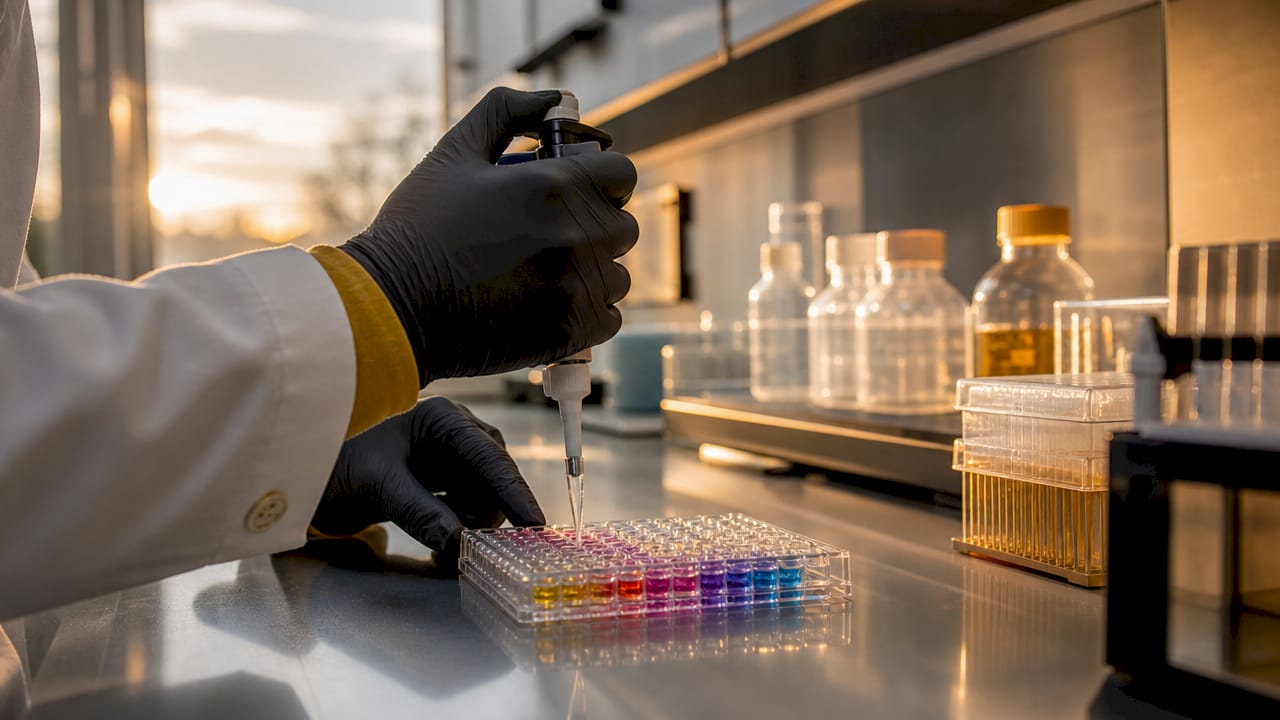 Close-up of hands pipetting peptide assay plate
