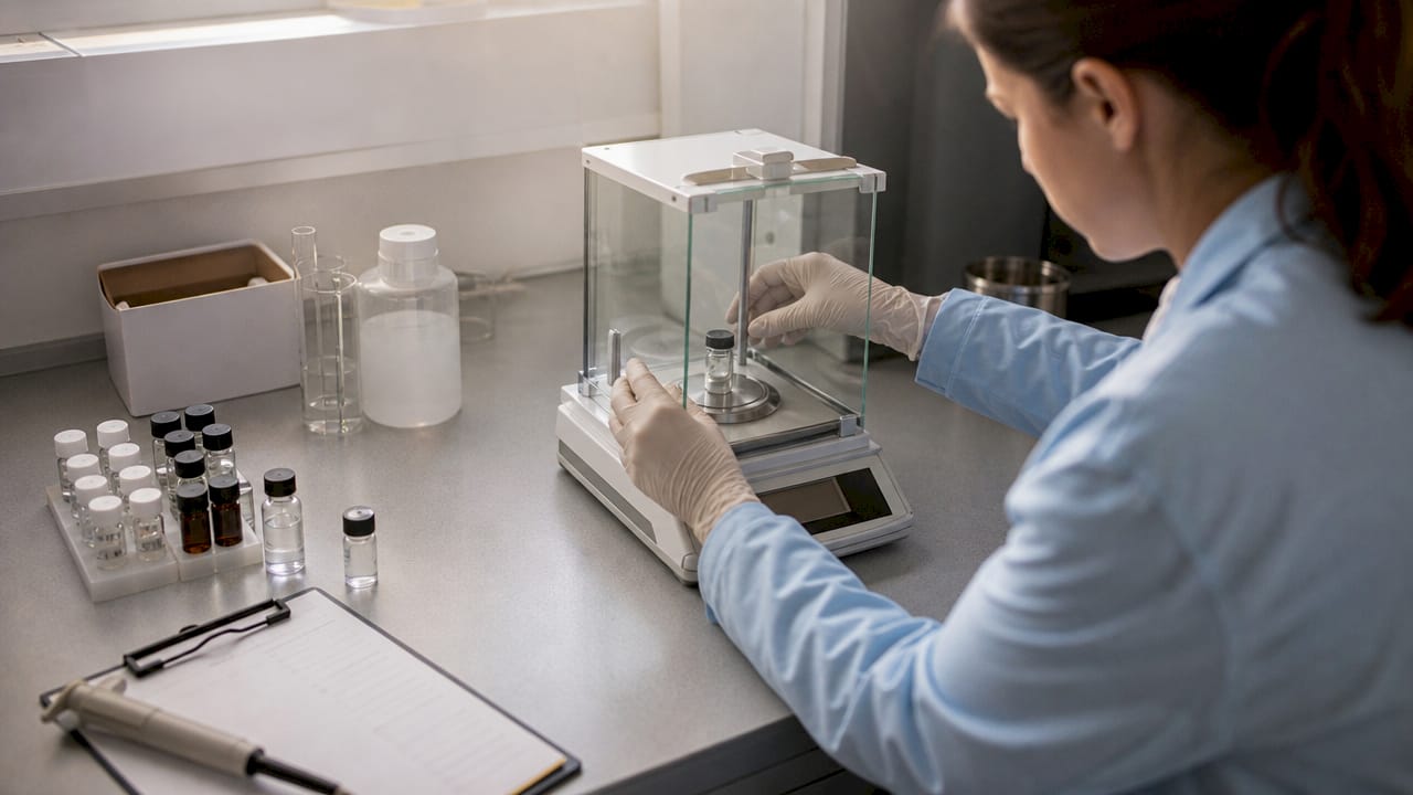Gloved hands measuring peptide dose on lab balance