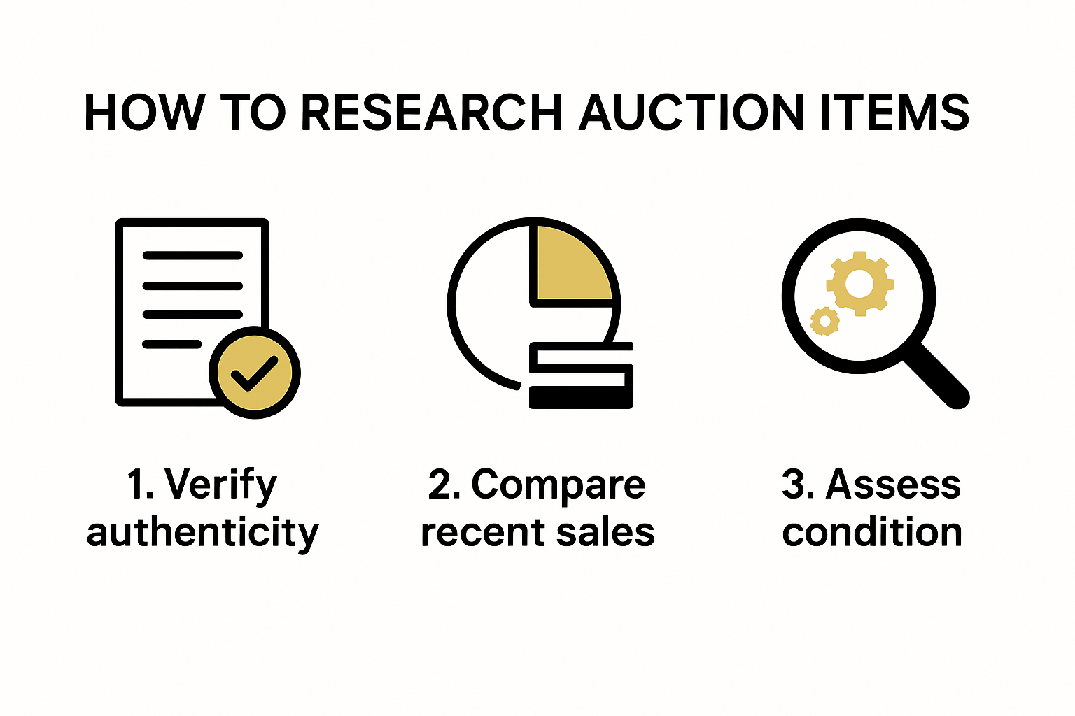 Infographic showing step-by-step auction item research process.