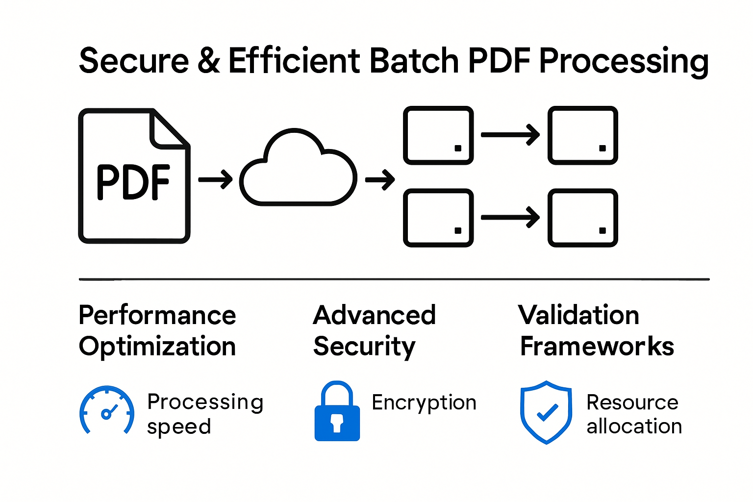 Infographic showing secure and efficient batch PDF processing steps
